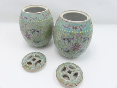 Lot 218 - A pair of Chinese drum vases of globular form...