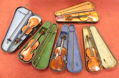 Lot 158 - A collection of five various violins, each in...