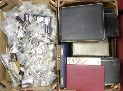 Lot 255 - Two boxes of miscellaneous silver plate, to...