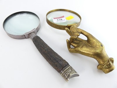 Lot 538 - A large magnifying glass with antler handle;...