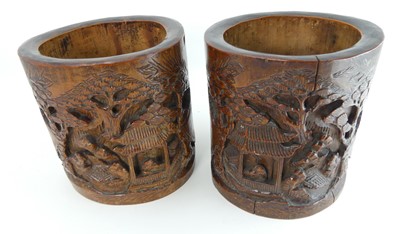 Lot 544 - A pair of Chinese bamboo brush pots, each...