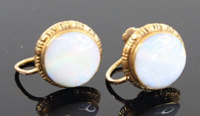 Lot 381 - A pair of 9ct gold and opal cabochon set ear...