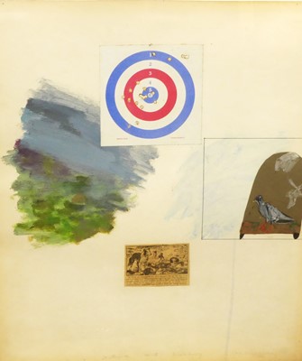 Lot 1044 - Popart collage with rifle target, 54x45cm,...