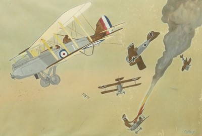 Lot 1048 - CA Self - An airborne gun fight, watercolour,...