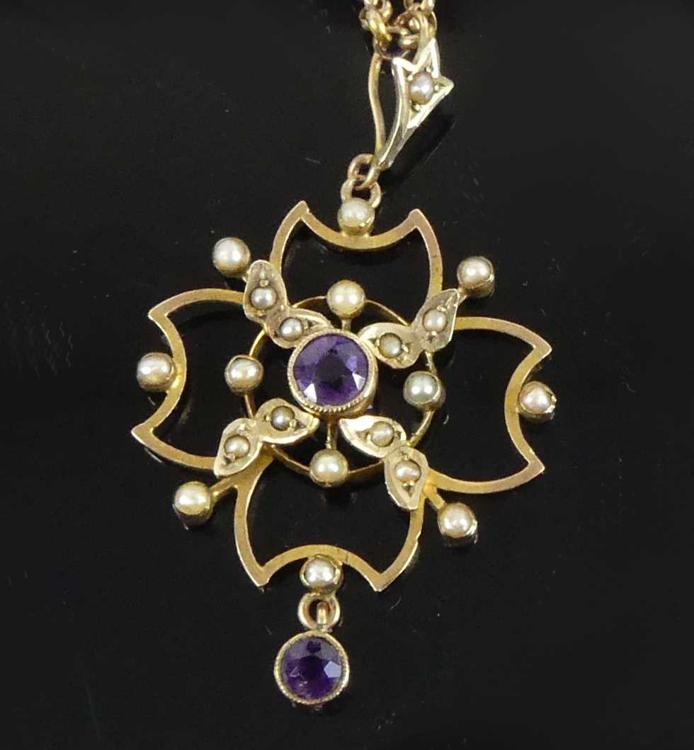 Lot 2510 - An Edwardian yellow metal amethyst and seed...