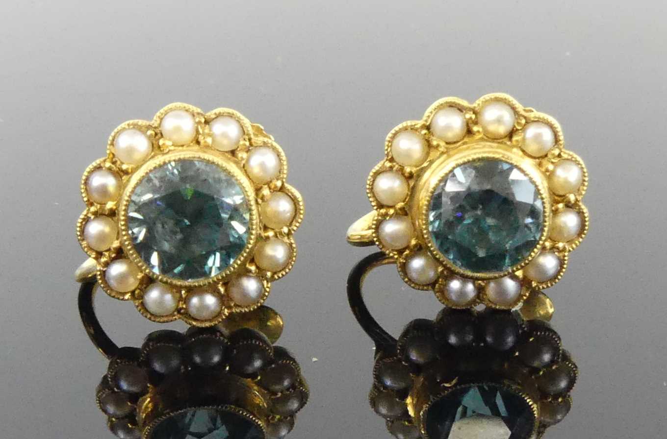 Lot 2506 - A pair of yellow metal zircon and pearl...