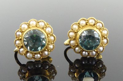 Lot 2506 - A pair of yellow metal zircon and pearl...