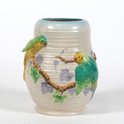 Lot 181 - A Clarice Cliff 'Budgerigar' vase, of ribbed...