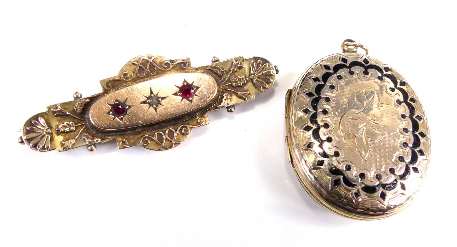 Lot 2533 - An Edwardian 9ct gold ruby and diamond set bar...