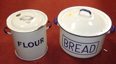 Lot 146 - Two enamelled metal crocks, one for bread, dia....