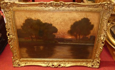 Lot 1012 - Edgar Halls - River landscape at sunset, oil...