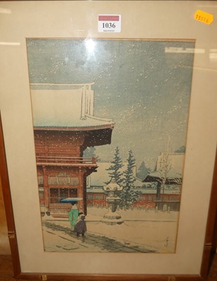 Lot 1036 - Hasui Kawase - Snow at Nezu-Gongen shrine,...