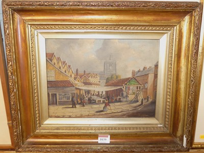 Lot 1039 - J. Dale - Market day, oil on card, signed...