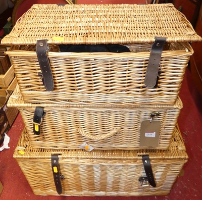 Lot 1199 - Three various wicker hampers, each with hinged...