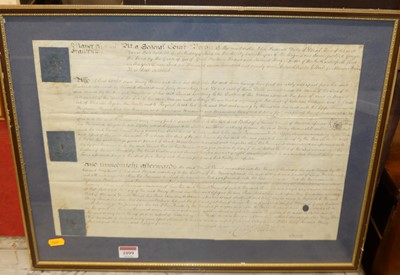 Lot 1099 - A George III framed Indenture, 32x45cm (faded)