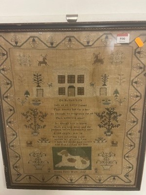 Lot 590 - A William IV needlework sampler, embroidered...