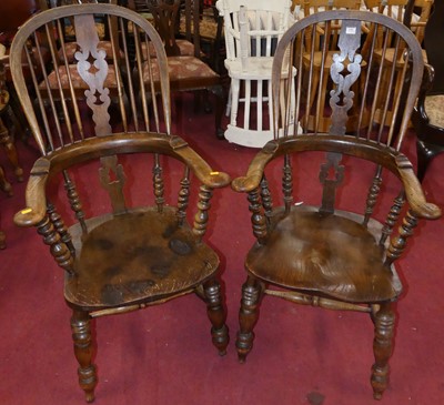 Lot 1381 - A pair of elm and oak splat back tub Windsor...