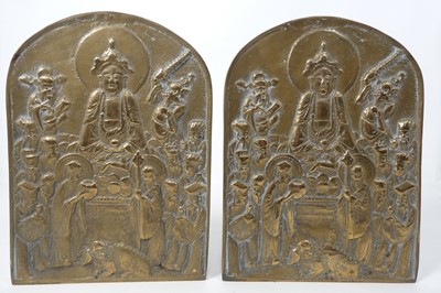 Lot 519 - A pair of Chinese brass book-ends, h.27cm