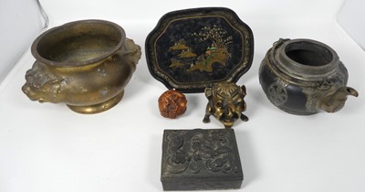 Lot 507 - A Japanese brass censor, flanked by lion mask...