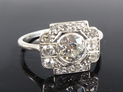 Lot A white metal Art Deco diamond panel ring,...