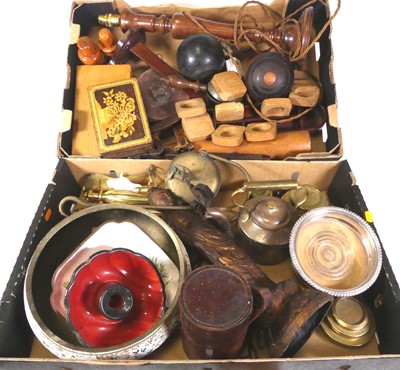 Lot 169 - Two boxes of assorted treen, metalware to...