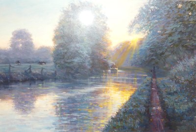 Lot 1008 - Steven Bewsher - A Bend in the Canal at Sunset,...