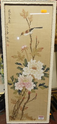 Lot 1018 - Japanese framed silk work of flowering bamboo,...