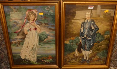 Lot 1041 - Pair of reproduction portrait woolwork panels...