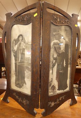 Lot 1185 - An Art Nouveau oak two-fold fire screen, with...