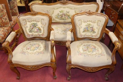 Lot 1327 - A French beech framed three-piece salon suite,...