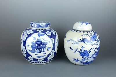 Lot 2025 - Two Chinese blue and white jars with covers,...