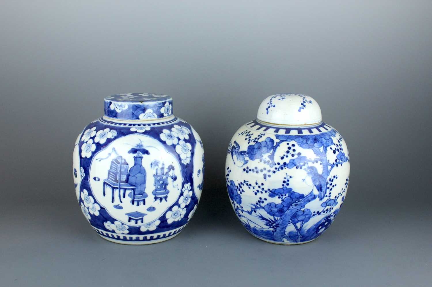 Lot 2025 - Two Chinese blue and white jars with covers,...