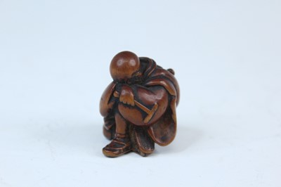 Lot 2233 - Six Japanese wood netsuke of seated figures,...