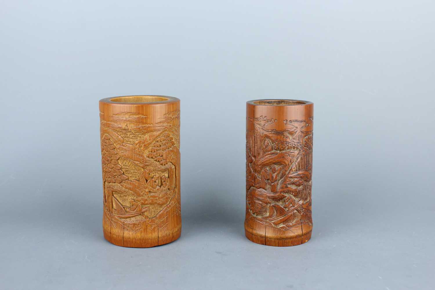 Lot 2088 - A pair of small Chinese bamboo carved brush...