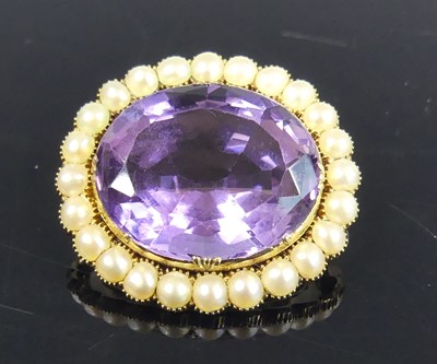 Lot 2635 - A yellow metal amethyst and pearl cluster...