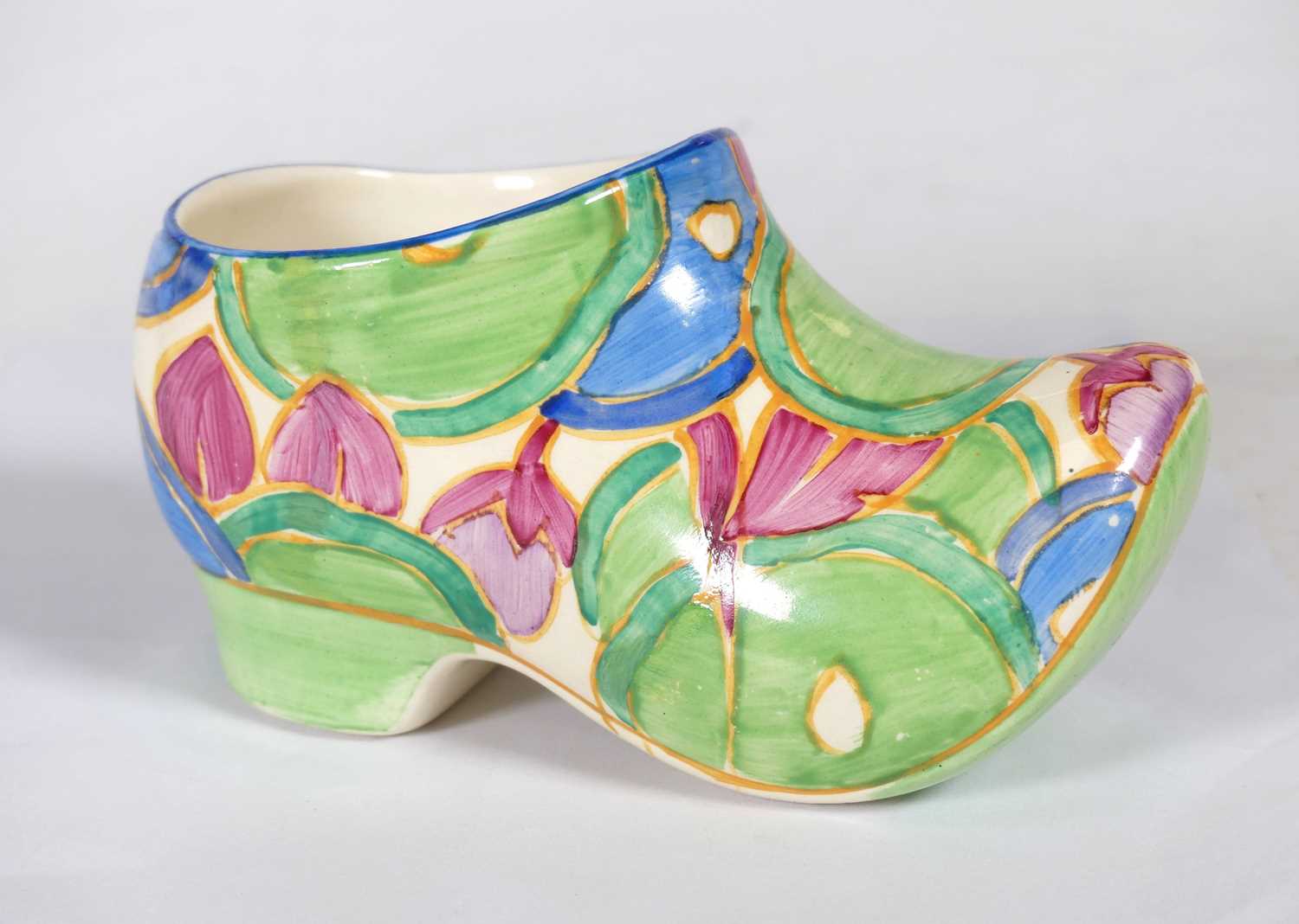 Lot 218 - A Clarice Cliff hand painted pottery clog in...