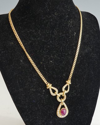 Lot 2803 - A yellow metal ruby and diamond necklace,...