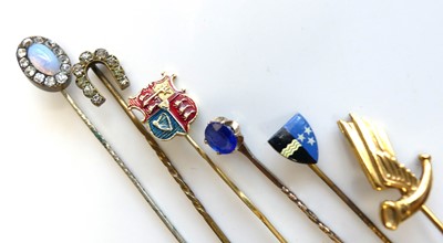 Lot 2814 - Six assorted stick pins, comprising a 9ct...