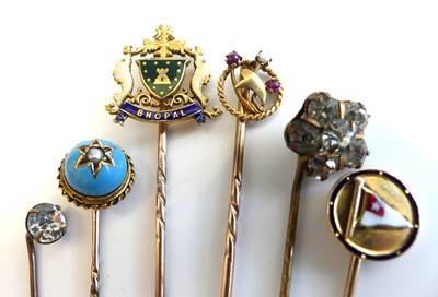 Lot 2815 - Six assorted stick pins, comprising a yellow...
