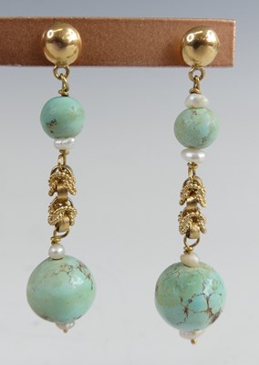 Lot 2824 - A pair of yellow metal, turquoise and pearl...