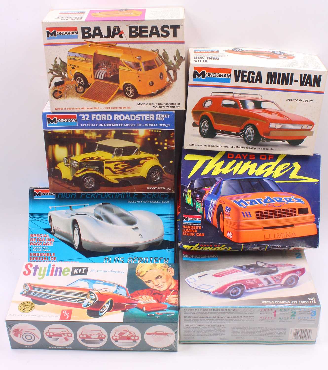 Lot 705 - Seven boxed mixed scale Monogram racing car...