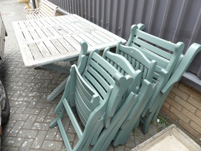Lot 1427 - A painted slatted teak patio suite, comprising;...