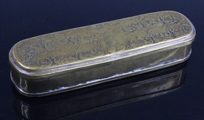 Lot 739 - An 18th century German brass tobacco box, of...