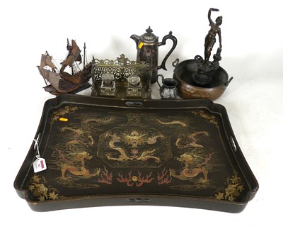 Lot 93 - A Chinese export black lacquered tray, gilt...