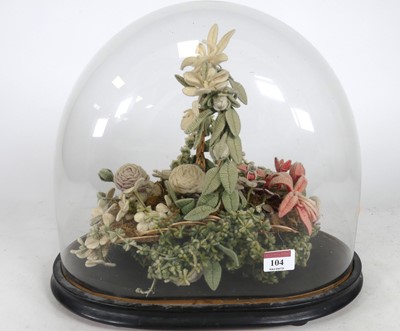 Lot 104 - A woolwork diorama of a basket of flowers,...