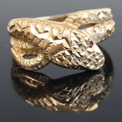 Lot 349 - A 9ct gold snake ring, having garnet set eyes,...