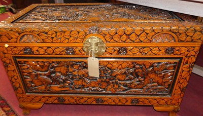 Lot 1213 - A relief carved camphor wood hinge topped...