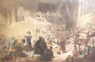 Lot 1067 - The Trial of King Charles, colour engraving,...