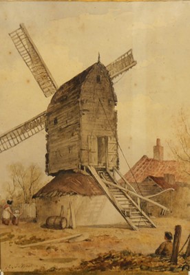 Lot 1107 - H.J. West - Timber windmill, watercolour,...