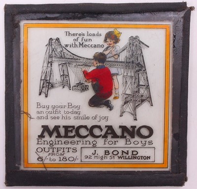 Lot 644 - Meccano glass advertising sign, for J.Bond toy...